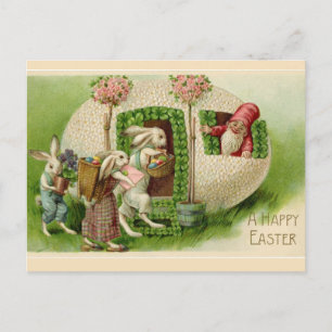Cartão Postal Vintage Easter Bunnies e Gnomo Páscoas Saudações