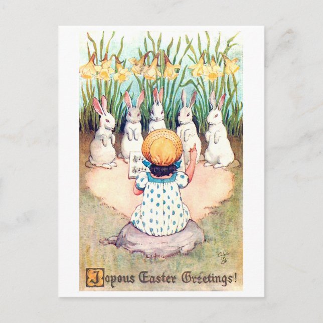 Cartão Postal Vintage Easter Bunny com Rapariga (Frente)