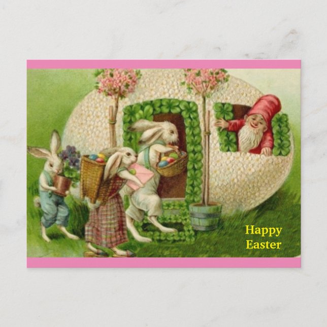 Cartão Postal Vintage Easter Bunny e Gnomo Europeu (Frente)