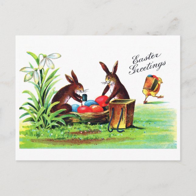 Cartão Postal Vintage Easter Bunny e Pintinho (Frente)