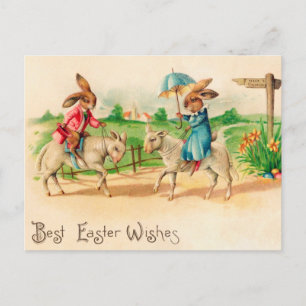 Cartão Postal Vintage Easter Bunny Rabbit Riding saudações
