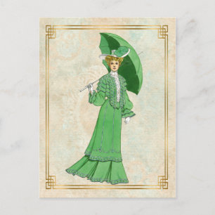Cartão Postal Vintage Edwardian Green Dress and Umbrella