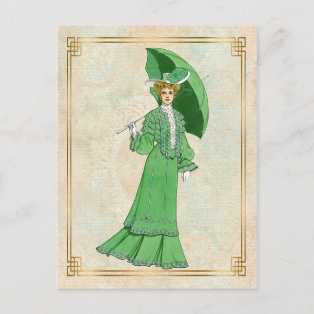 Cartão Postal Vintage Edwardian Green Dress and Umbrella (Frente)