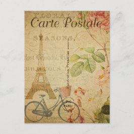 Cartão Postal Vintage Eiffel Tower Paris Bicicleta Floral Francê
