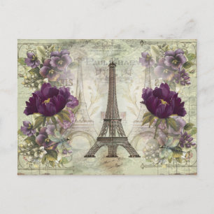 Cartão Postal Vintage Eiffel Tower Paris França com Flores