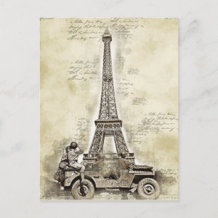 Cartão Postal Vintage Eiffel Tower Paris França com militares