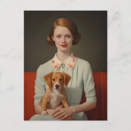 Cartão Postal Vintage Elegance: Mulher com Puppy em Pastel