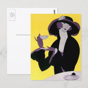 Cartão Postal Vintage Elegante Bebendo de Mulher Tarde Partido T