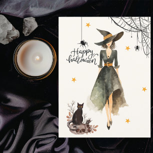 Cartão Postal Vintage Elegante Bruxas Aranhas Gótica Halloween