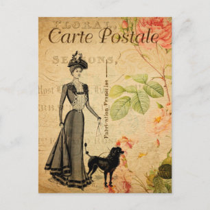 Cartão Postal Vintage Elegante Lady Walking the Poodle Dog Frenc