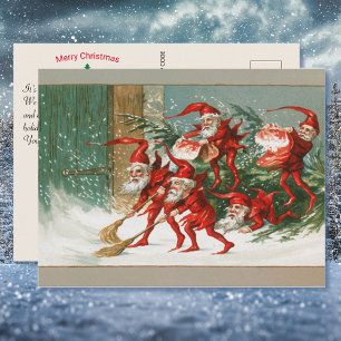 Cartão Postal Vintage Elves em Red Merry na Nota Personalizada d