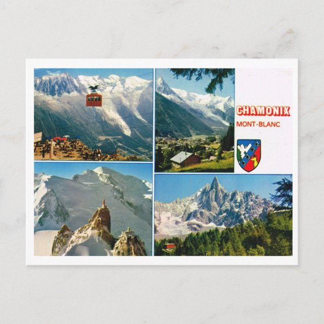 Cartão Postal Vintage em Alpes Franceses, Chamonix multiview (Frente)