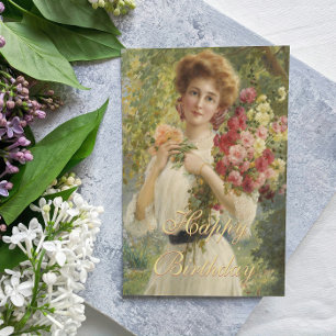 Cartão Postal Vintage Emile Vernon Woman Floral Happy Birday
