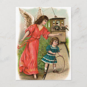 Cartão Postal Vintage Engel Schutzengel Mädchen und Strassenbah