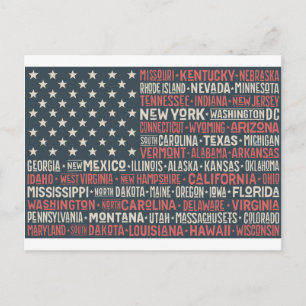 Cartão Postal Vintage Faded American Flag State Names Words Art