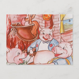 Cartão Postal Vintage Fairy Tale Three Little Pigs and the Wolf