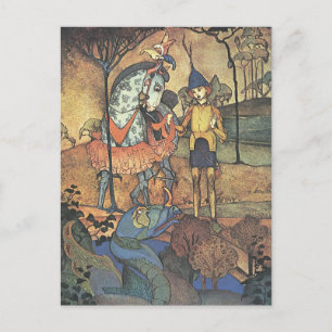 Cartão Postal Vintage Fairy Tale, Um Cavaleiro Corajoso e Dragão