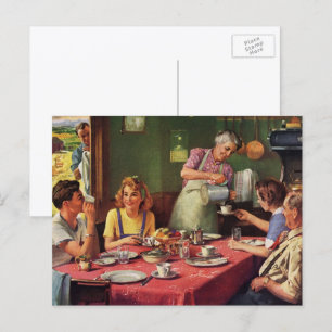 Cartão Postal Vintage Family Comendo Café da Manhã na Cozinha
