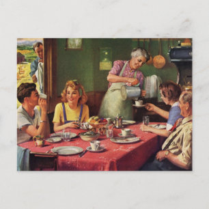 Cartão Postal Vintage Family Comendo Café da Manhã na Cozinha