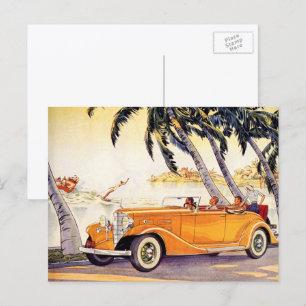 Cartão Postal Vintage Family Férias em um Carro Convertível