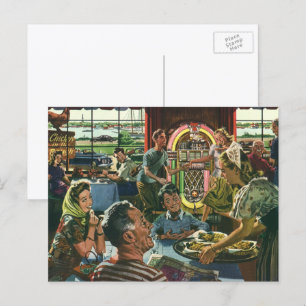 Cartão Postal Vintage Family Janta em um restaurante com jukebox
