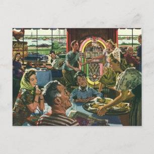 Cartão Postal Vintage Family Janta em um restaurante com jukebox