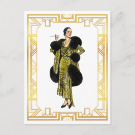 Cartão Postal Vintage Fashion 20s Flapper fur Cape Evening Gown