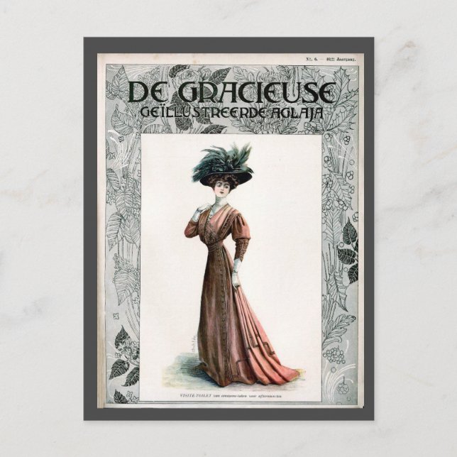 Cartão Postal Vintage Fashion Ilustração Lady Feather Hat (Frente)