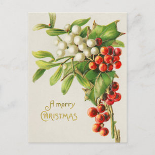 Cartão Postal Vintage Felry Christmas Holly Branch Art