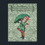 Cartão Postal Vintage Felry Christmas Victorian Girl Collage<br><div class="desc">Cartaz de Colagem de Vintage Feliz Natal Vitoriana. A frente do cartão tem uma linda garota vitoriana segurando guarda-chuva em um belo fundo do ornamentado verde. O texto "MERRY CHRISTMAS" está no quadro verde estilo vitoriano e no guião branco de escrita manual. Na parte traseira da placa, os cartões de...</div>