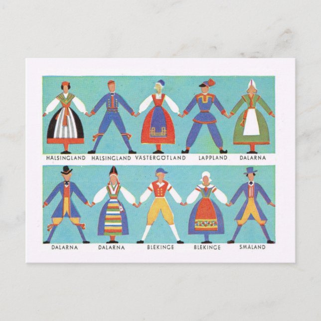 Cartão Postal Vintage, figurinos regionais suecos (Frente)