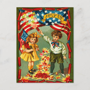 Cartão Postal Vintage Fireworks e Kids