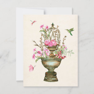 Cartão Postal Vintage flor vaso buquê jardim aquarela