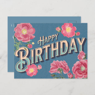 Cartão Postal Vintage Floral Happy Birthday Card