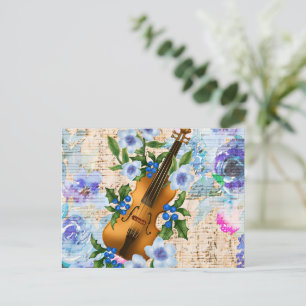 Cartão Postal Vintage Floral Music Violin