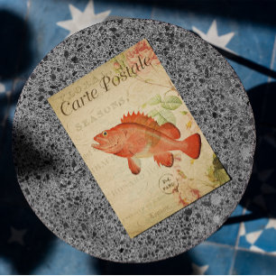 Cartão Postal Vintage Floral Red Fish Pink Roses Francês Cartão-