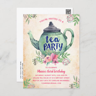 Cartão Postal Vintage Floral Tea Party Aniversário
