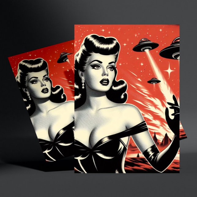 Cartão Postal Vintage Flying Saucers Pin-up (Criador carregado)