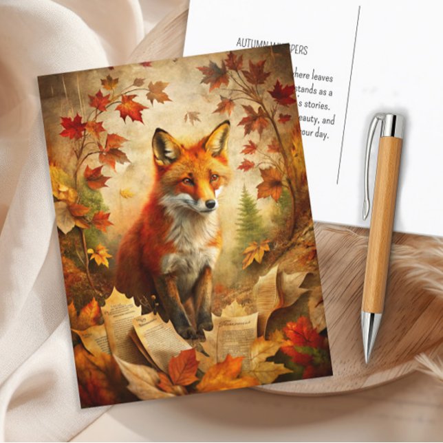 Cartão Postal Vintage Fox Woodland Autumn Deixa Natureza (Fox and rustic autumn leaves postcard)