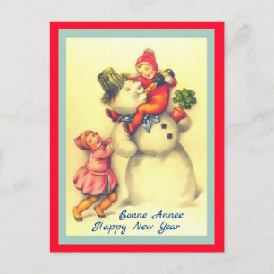 Cartão Postal Vintage francês de ano novo Snowman com filhos (có