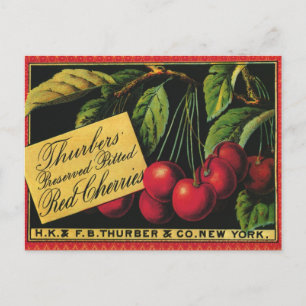 Cartão Postal Vintage Fruta Crate Label Art, Thurber Cherries