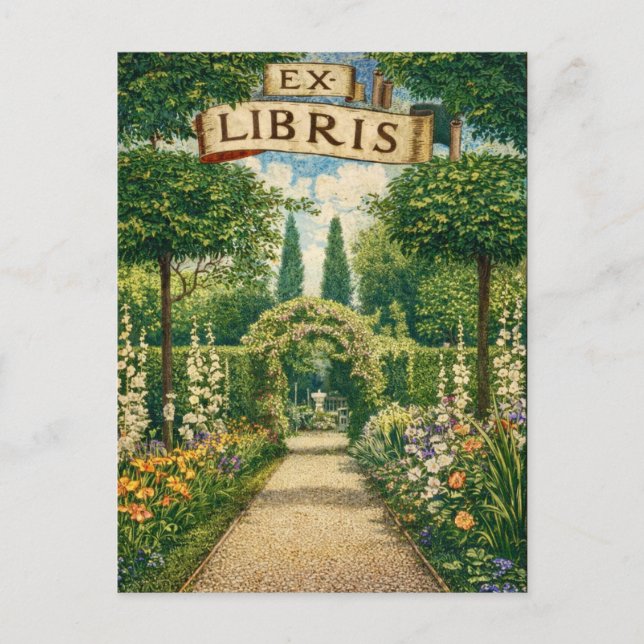 Cartão Postal Vintage Garden Ex Libris Bookplate  (Frente)