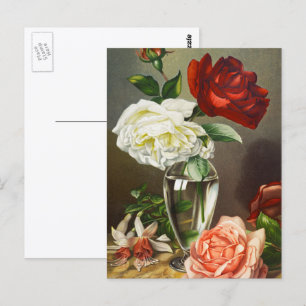 Cartão Postal Vintage Garden Roses in a Glass Vase