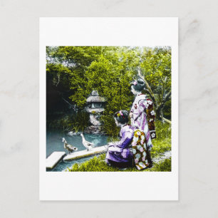 Cartão Postal Vintage Geisha assistindo patos em Park Old Japan