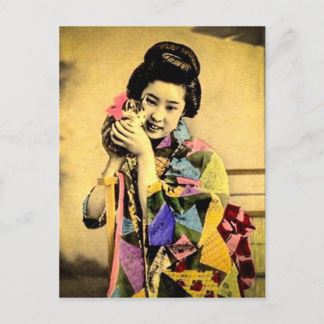 Cartão Postal Vintage Geisha com um gatinho bonito e velho Japão (Frente)