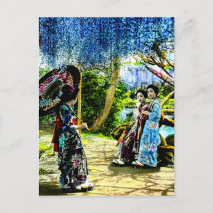 Cartão Postal Vintage Geisha no Jardim da Wisteria no velho Japã