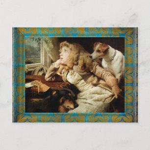 Cartão Postal Vintage Girl and Two Dogs Grunge Frame