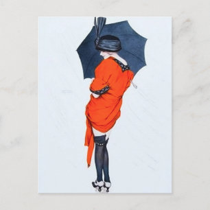 Cartão Postal Vintage Girl com cartão-postal com guarda-chuva