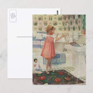 Cartão Postal Vintage Girl, Criança Fazendo Roupas De Banheira