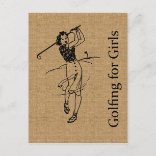 Cartão Postal Vintage Girl Golfer em Faux Burlap Decorative